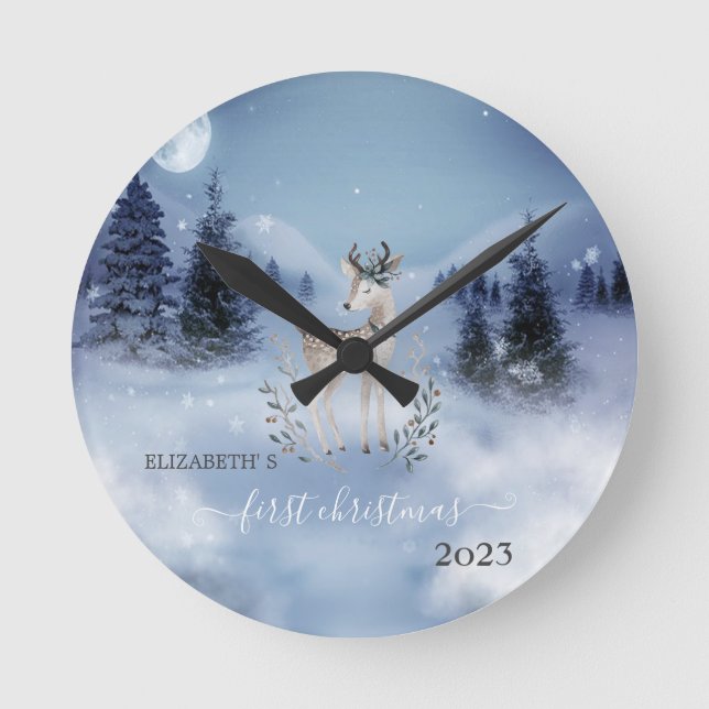 Reloj Redondo Mediano Bosque de Pinos, Ciervo Fiesta Azul (Anverso)