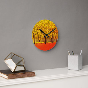 Reloj Redondo Mediano Bosque Dorado de Otoño