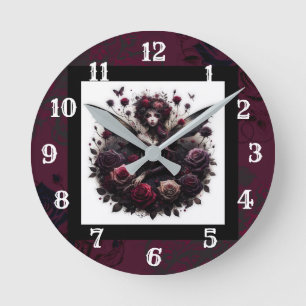 Reloj Redondo Mediano Bosque Oscuro Gótico Hada Floral Rosas Burdeos