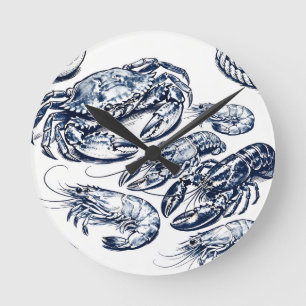 Reloj Redondo Mediano Bosquejo de mariscos de langosta de cangrejo náuti