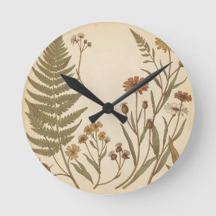 Reloj Redondo Mediano Botánica antigua de helechos y flores silvestres