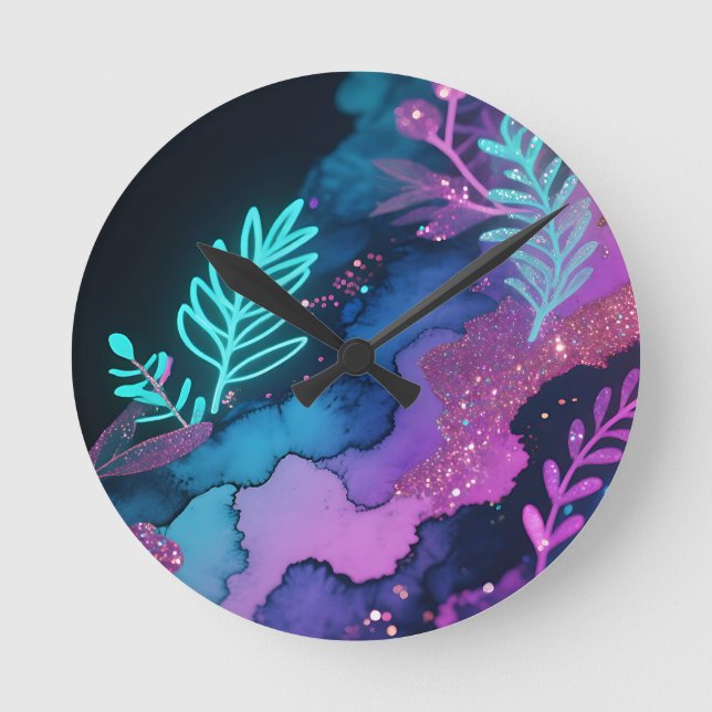 Reloj Redondo Mediano Botánico abstracto de brillo de neón (Anverso)