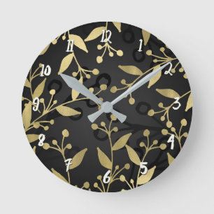 Reloj Redondo Mediano Botánico Moderno Rústico Negro y Dorado Ramas