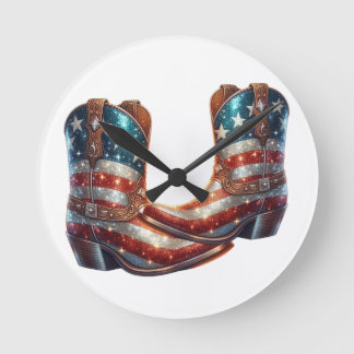 Reloj Redondo Mediano Botas de vaquero con bandera americana brillante