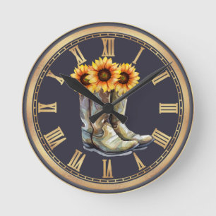 Reloj Redondo Mediano Botas de Vaquero y Girasoles