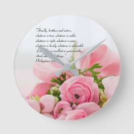 Reloj Redondo Mediano Bouquet rosado pastel de flores bíblicas verse