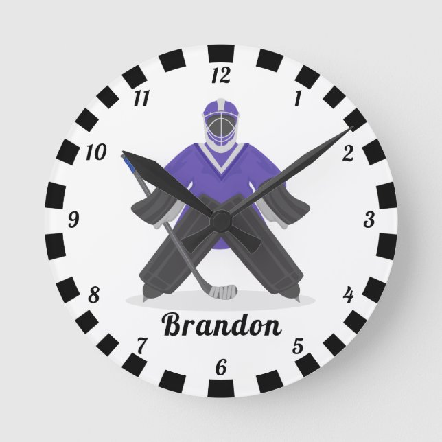 Reloj Redondo Mediano Boys Purple Ice Hockey Players Name Winter Striped (Anverso)