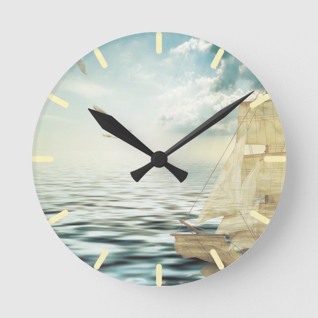 Reloj Redondo Mediano Brigantine Sailboat & Seagulls (Anverso)