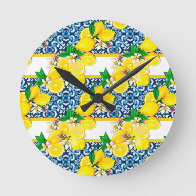 Reloj Redondo Mediano Brillante Mediterráneo Sicilia Tiles Citrus Lemons (Anverso)