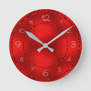 Reloj Redondo Mediano Brillante Purpurina Roja y Lámina Brillante