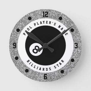Reloj Redondo Mediano Brillo de plata falso personalizado para billar