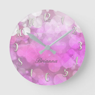 Reloj Redondo Mediano Brillo Rosa Destello Brillo Bokeh Personalizado Fe