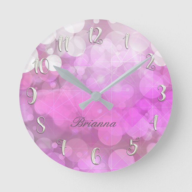 Reloj Redondo Mediano Brillo Rosa Destello Brillo Bokeh Personalizado Fe (Anverso)