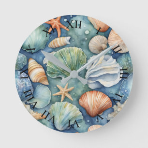 Reloj Redondo Mediano Brisa Oceánica Acuarela: Concha y Estrella de Mar