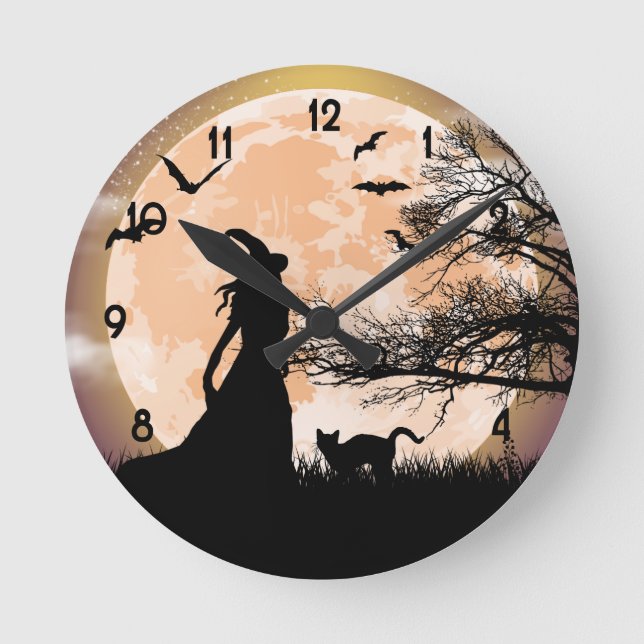 Reloj Redondo Mediano Bruja mística, gato negro, luna llena (Anverso)