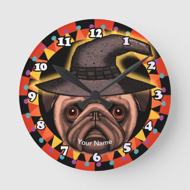 Reloj Redondo Mediano Bruja Pug  (Anverso)