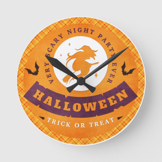 Reloj Redondo Mediano Bruja voladora Halloween muy aterradora (Anverso)