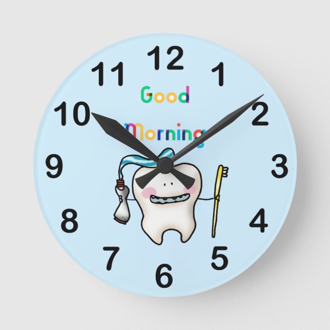 Reloj Redondo Mediano buenos días - baño de dientes divertidos (Anverso)