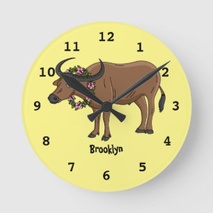 Reloj Redondo Mediano Búfalo de agua con flores ilustracion personalizad
