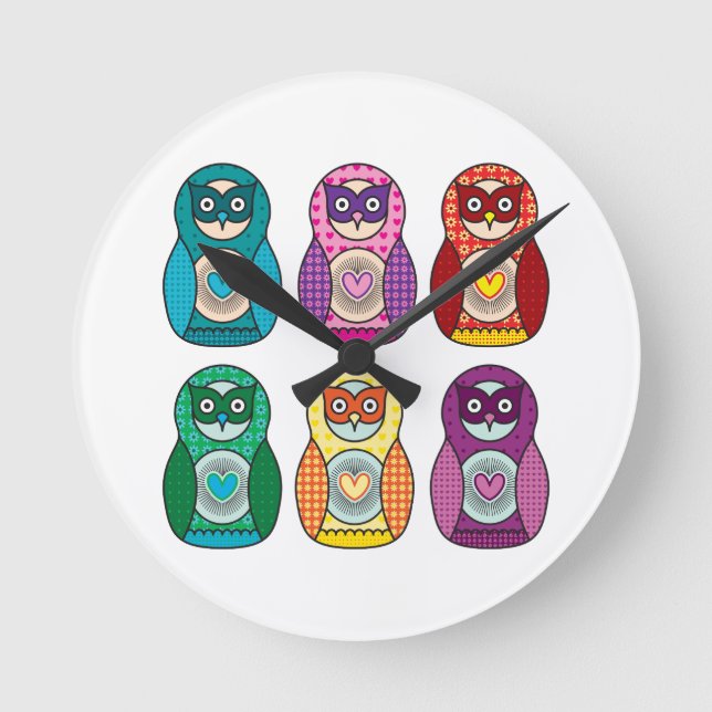 Reloj Redondo Mediano Búho arcoiris de Matryoshka (Anverso)