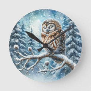 Reloj Redondo Mediano Búho del Bosque Sereno Bosque Invernal Fauna