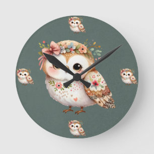 Reloj Redondo Mediano Búho Floral Adorable con Lazo