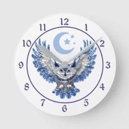 Reloj Redondo Mediano Búho nocturno azul y luna