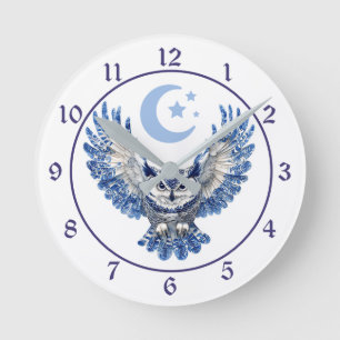 Reloj Redondo Mediano Búho nocturno azul y luna