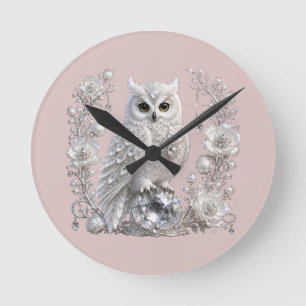 Reloj Redondo Mediano Búho Perla de Cristal Blanco
