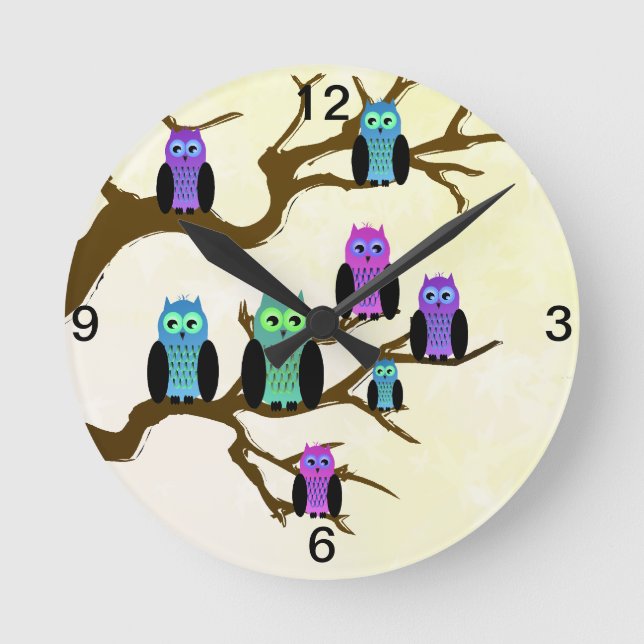 Reloj Redondo Mediano Búhos brillantes lindos (Anverso)