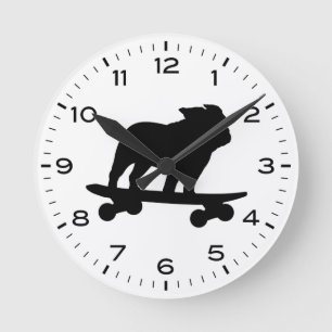 Reloj Redondo Mediano Bulldog de Skateboarding Silhouette Perro humoríst