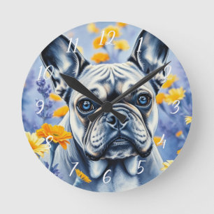 Reloj Redondo Mediano Bulldog francés en las flores