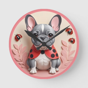 Reloj Redondo Mediano Bulldog francés Ladybug Pastel Papel Cortando Arte