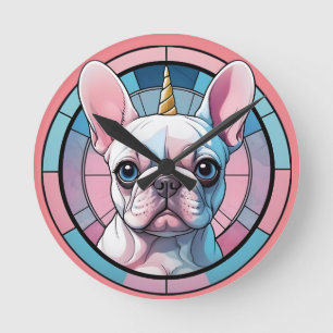 Reloj Redondo Mediano Bulldog francés lindo Pastel Unicorn Vidrio mancha