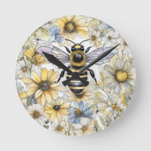 Reloj Redondo Mediano Bumble Bee primavera pintado con flores.