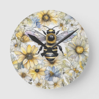 Reloj Redondo Mediano Bumble Bee primavera pintado con flores.