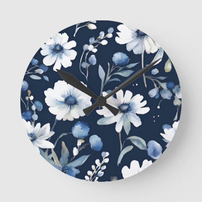 Reloj Redondo Mediano Bunch of Flowers Elegant Watercolor Azul (Anverso)