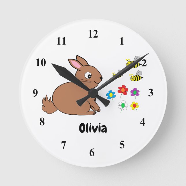 Reloj Redondo Mediano Bunny, bees & flowers on a white Acrylic clock (Anverso)
