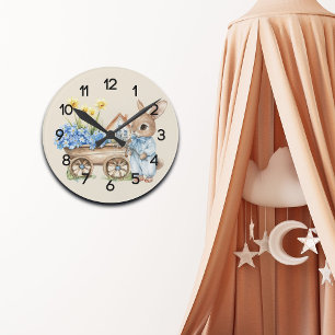 Reloj Redondo Mediano Bunny personalizado con guardería de flores azules