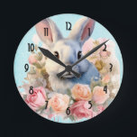 Reloj Redondo Mediano Bunny with a Garland of Roses Cute<br><div class="desc">A watch with a watercolor image. A white gray bunny rabbit surrounded by a garland of pink and peach roses. For bunny lovers and Easter themes and birthdays and showers.</div>