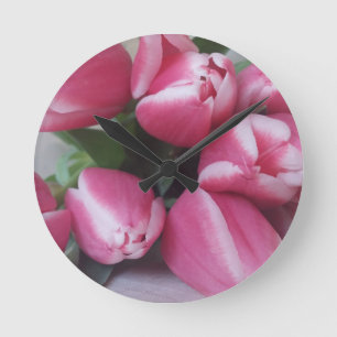Reloj Redondo Mediano Buquete de primavera floral de tulipanes rosados, 