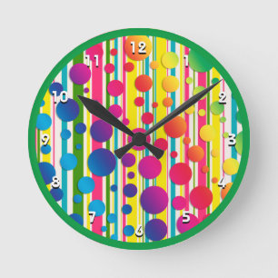 Reloj Redondo Mediano [Burbujas Beatnik] Punto de polka retro verde raya