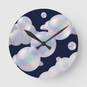 Reloj Redondo Mediano Burbujas de Jabón Irisadas Flotando Azul Oscuro So