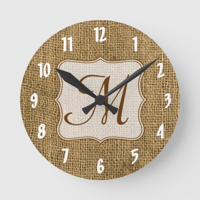 Reloj Redondo Mediano Burlap Country Lace Monograma Muro inicial (Anverso)