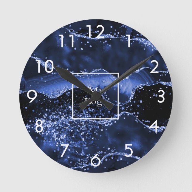 Reloj Redondo Mediano Business company logo blue agate marble (Anverso)