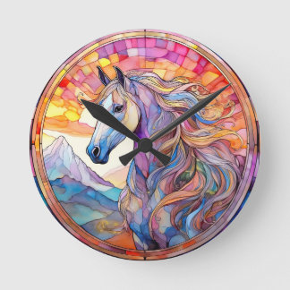 Reloj Redondo Mediano Caballo blanco en vidrio emplomado