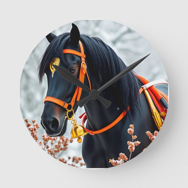Reloj Redondo Mediano Caballo castaño negro elegante (Anverso)