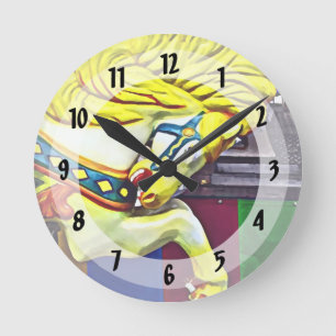 Reloj Redondo Mediano Caballo De Carrusel Con Mano Amarillo