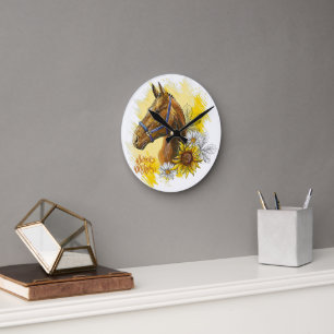 Reloj Redondo Mediano Caballo de dibujo manual con plantas y flores tira