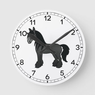Reloj Redondo Mediano Caballo de Dibujos Animados Black Gypsy Vanner Cly